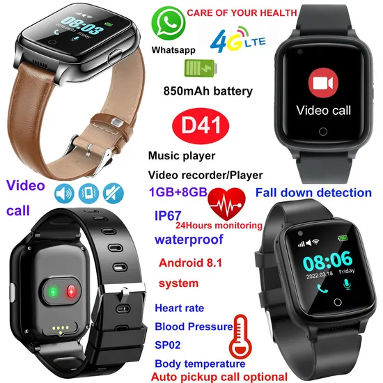 China factory 4G Waterproof IP67 accurate video call fall down detection Adults GPS Phone Watch with Panic button for safety monitoring D41