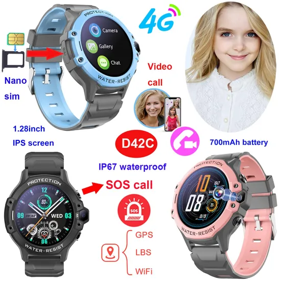 China factory IP67 waterproof Round Screen 4G Student Kid Watch Tracker GPS  with Multi Clolor Select Safety Zone Setup for emgency help D42C