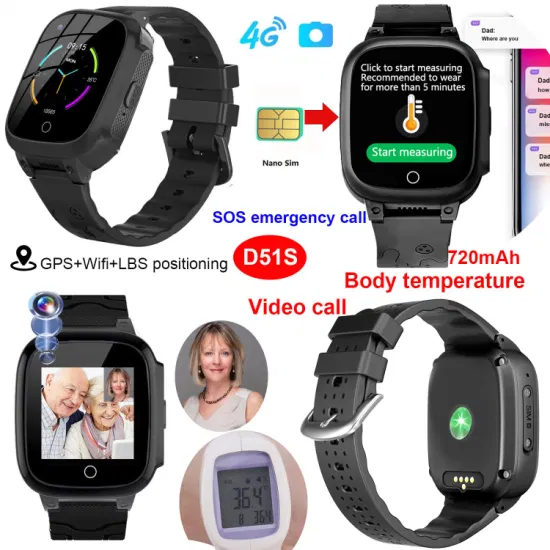 China manufacturer IP67 Waterproof 4G 2 Way Video Call Personal Security Smart Tracking GPS Tracker Phone Watch with Body Temperature D51S