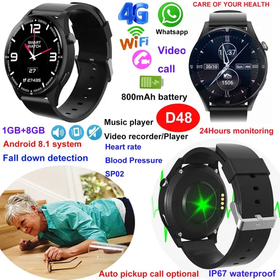 China manufacturer round screen 4G LTE IP67 waterproof adults fitness GPS Watch tracker with fall down detection D48