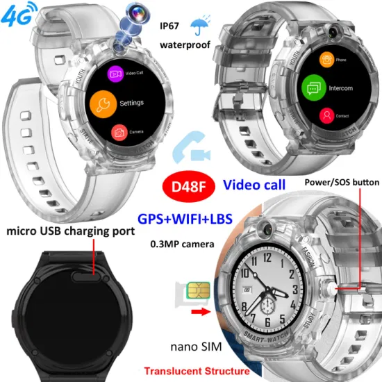 Factory Supply IP67 waterproof LTE 4G Round Screen translucent Kids GPS Phone watch with No disturbing in class 2 way video call D48F