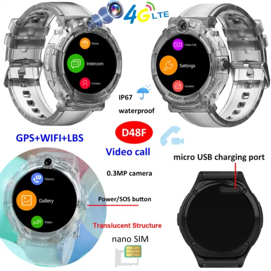 Fashion 4G LTE IP67 water resistance transparent Kids GPS watch Tracker with motor for vibration video call D48F