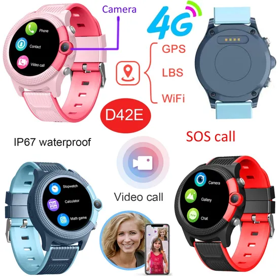 Fashion design 4G Waterproof IP67 Mobile GPS clock Smart Watch with video call for personal safety D42E