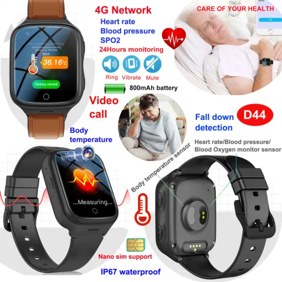 High Quality 4G Body Temperature Elderly SOS GPS Watch Tracker with Fall down alert for Senior Health Care D44