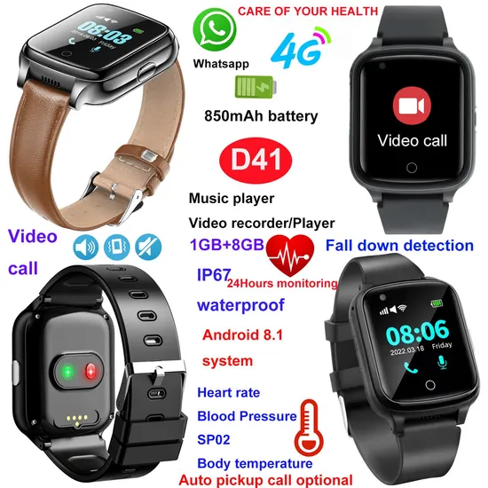 High Quality 4G IP67 Waterproof Video Call Body Temperature Watch Tracker GPS with Fall Down Alert HR BP D41