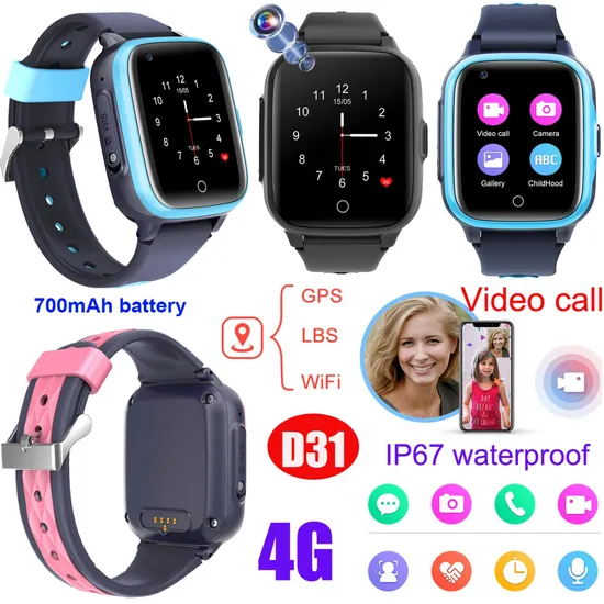 High quality 4G IP67 Water resistance Bluetooth WiFi video call Kids Security GPS Watch Tracker for emergency help D31