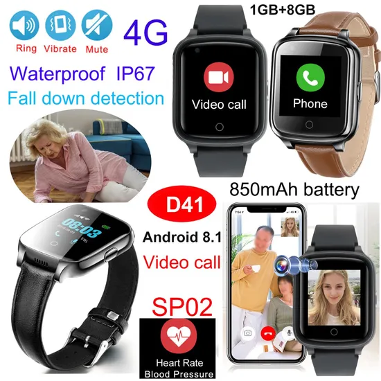 Hot 4G IP67 Water resistance Senior Healthcare personal security fall Down Detection Smart Watch GPS Tracking Device with Video Call D41