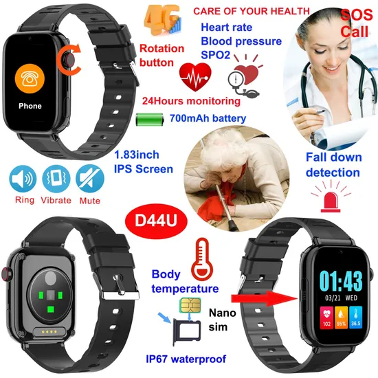 Hot Sale 4G IP67 Waterproof Alzheimer′s Patients GPS SOS Alarm Watch with Safety Zone Setup for Personal Security D44U