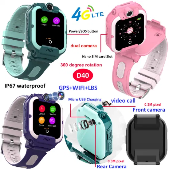 Hot Sale IP67 Waterproof LTE dual rotating camera 4G Kids Students Watch tracker GPS with 2 way video call Geo-fence alerts for Android IOS Phone system D40