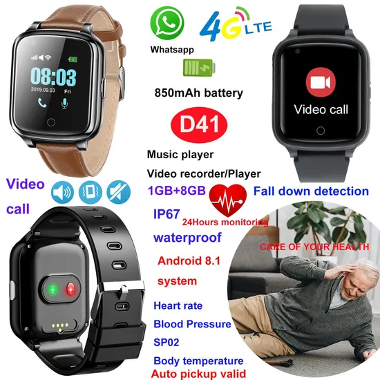 Hot selling 4G IP67 waterproof accurate elderly SOS emergency GPS watch with body temperature and HR/BP/SPO2 healthcare D41