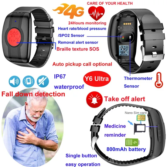 IP67 Waterproof 4G LTE Fall down alert GPS tracker device for Elderly Take off Alarm Heart Rate Blood Pressure body temperature Y6 Ultra