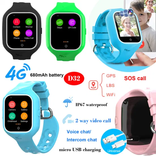 IP67 waterproof 4G LTE Kids Smart watch Phone GPS Tracker with Live map location Safety zone setup Video call D32