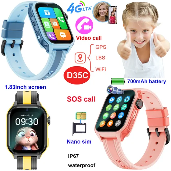 IP67 waterproof 4G LTE Kids Tracker watch GPS with Free Global Video Call for real time Google Map Monitoring D35C