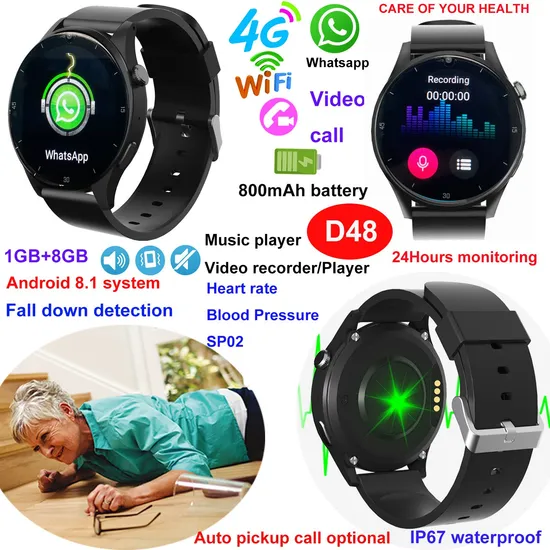 IP67 waterproof 4G Video call Senior healthcare Wearable GPS Tracker Watch with fall down detection Heart rate blood pressure D48