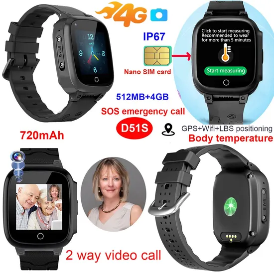 Latest China Manufacture 4G IP67 Waterproof Android Video Call Smart Tracking Senior Health Watch Tracker GPS with Thermometer D51S