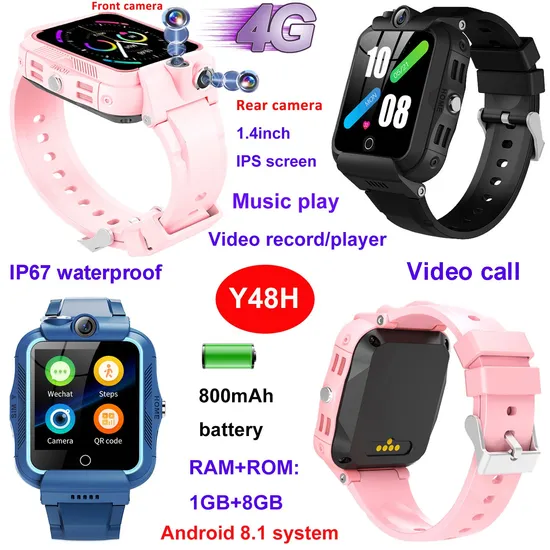 New Android 8.1 dual camera 4G waterproof IP67 video call VoLTE kids safety remote monitor GPS tracking Smart watch tracker Y48H