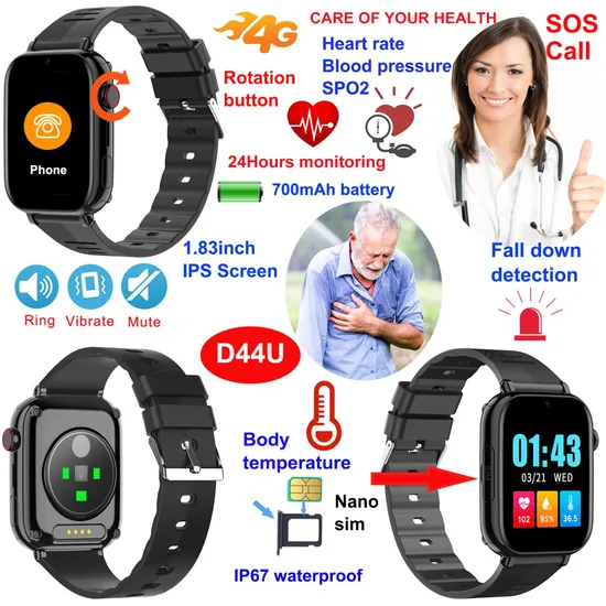 New Arrival 4G IP67 Waterproof Eldely Parent GPS Watch Tracker with Heart Rate and Blood Pressure Monitoring for Daily Fitness Tracking D44U