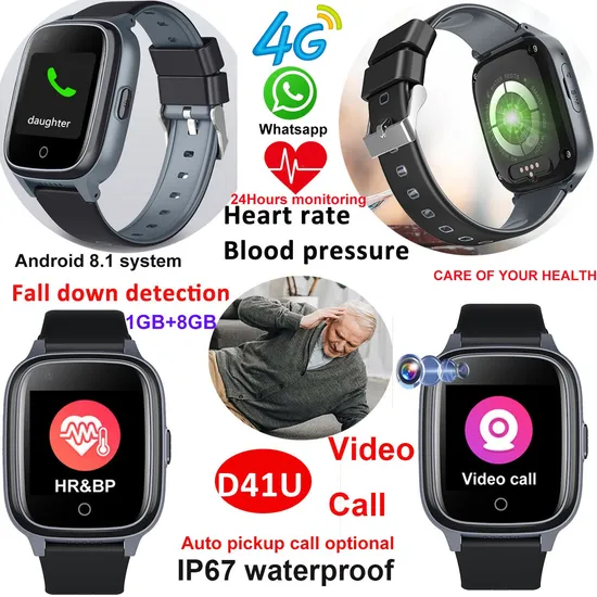 New Arrival 4G IP67 Waterproof Precise HR Blood Pressure SPO2 Monitor Video call Senior Smart GPS Tracker Watch with Fall Down Alert for Elderly D41U