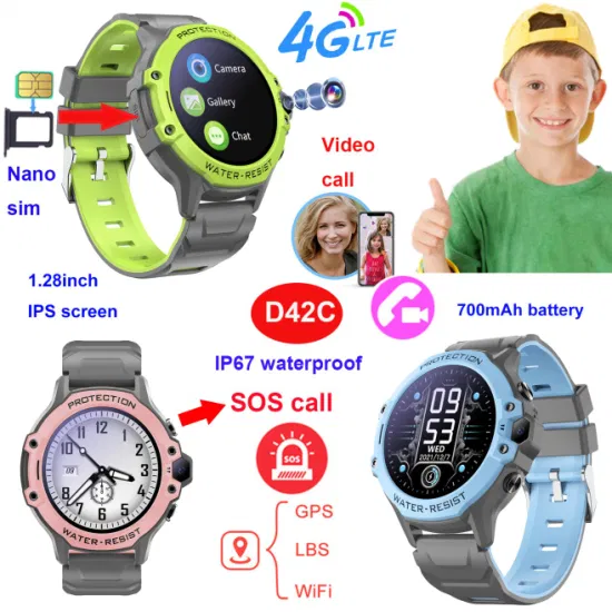 New Arrival 4G Warer Resistance IP67 Kids Student s Children personal smart GPS Watch phone with history tracking for security remote monitoring D42C