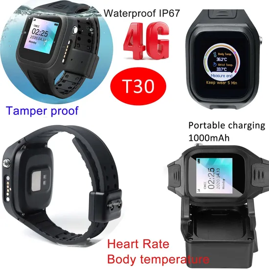 New Arrival IP67 Waterproof LTE Tamper-Proof Body Temperature GPS Watch Bracelet with Software Customization T30