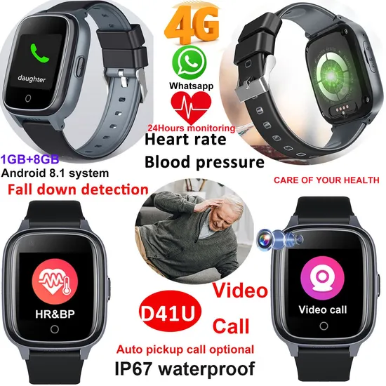 New Design Economic 4G IP67 Waterproof Senior Heart Rate Blood pressure Monitor Fall Down Alert SOS Video Call Elderly GPS Tracker Smart Watch