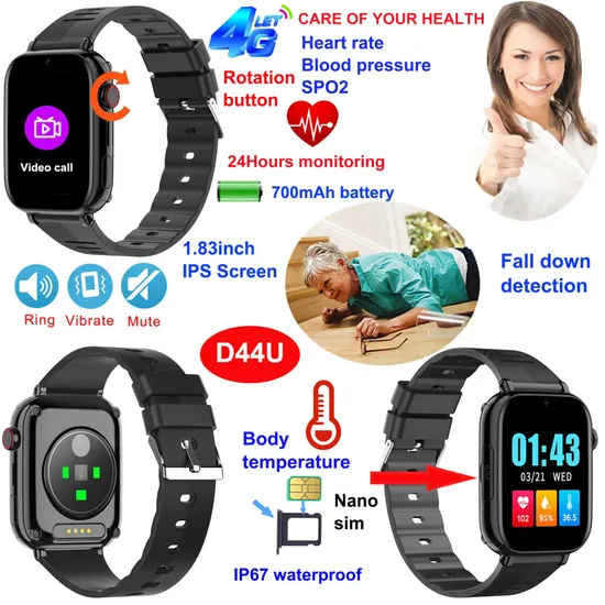 New Design IP67 Waterproof 4G Senior GPS Device with Heart Rate Blood Blood Oxygen for Daily Fitness Tracking D44U