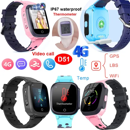 New LTE IP67 Waterproof Personal SOS Call Kids Body Temperature GPS Watch Tracker with HD Camera for Remote Snapshot D51