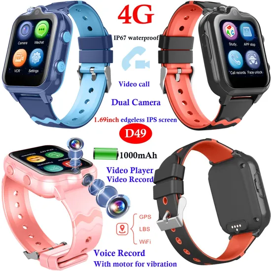 New Launch Quality 4G LTE IP67 waterproof Kids GPS Security Watch with Video Player Video Call Voice Record for SOS Emergency help D49