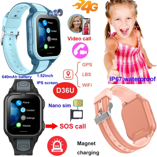 New Launched 4G IP67 Water Resistance HD Screen Kids GPS Safety Tracker with History Safety Zone Setup for Realtime Communication D36U