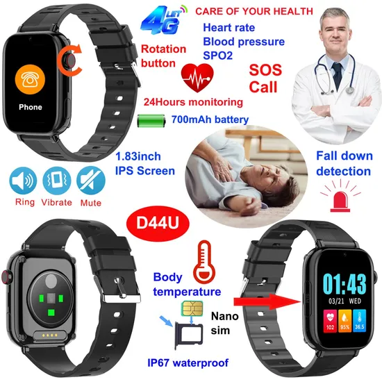 New Launched 4G IP67 Waterproof  Senior Health care GPS Watch Tracker Device with Live Map Monitoring for Personal Security D44U