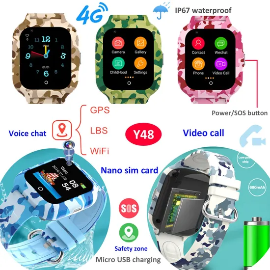 New Launched 4G IP67 waterproof camouflage Kids Child GPS Security Watch with Video call Voice Monitor for Avoid abducting Y48