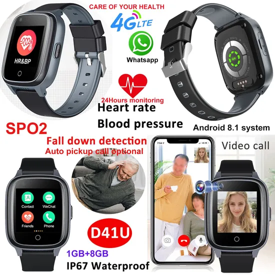 New Launched 4G LTE IP67 Waterproof Fall Down Alarm Smart GPS Tracker Watch with Heart Rate Blood Pressure SPO2 D41U