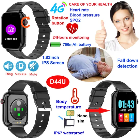 New Model 4G IP67 Waterproof Promotion Gift Elderly Wearable GPS Locator with HR/BP/SPO2 Healthcare for Father′s Day D44U