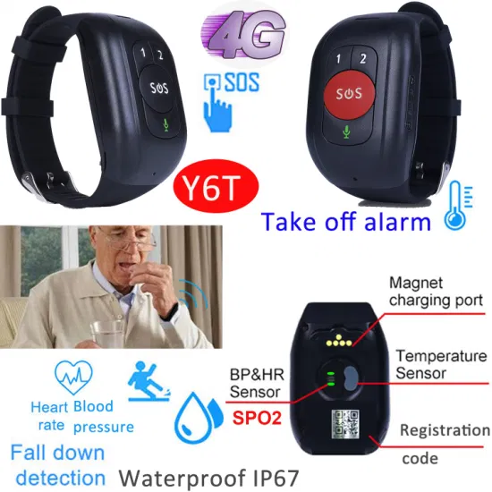 New Quality 4G LTE IP67 Waterproof Athlete Elderly Bracelet GPS Tracker with Fall Alarm Body Temperature Heart Rate Blood Pressure removal alert Y6T