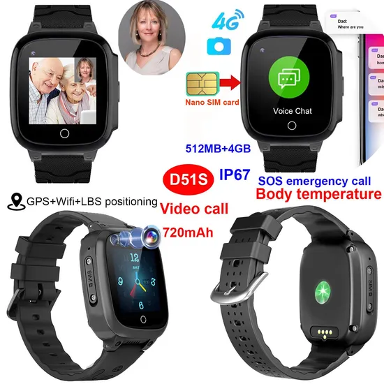 New Safety 4G IP67 Waterproof Senior Care Smart GPS Tracker Watch with Video Call Thermometer for Elderly D51S