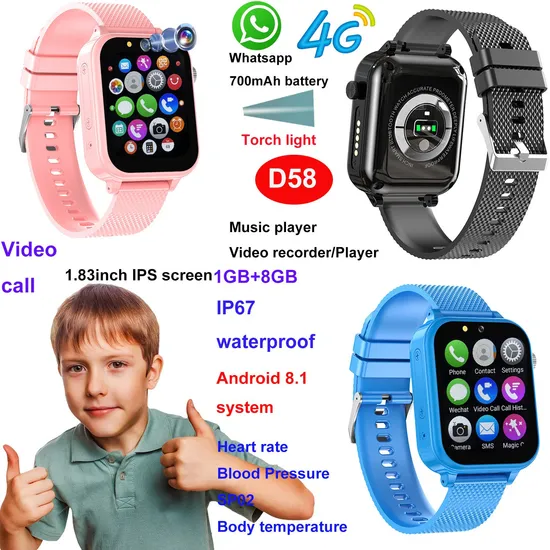 New arrival Android system high quality 4G kids safety GPS Smart watch with IP67 waterproof video call SOS button D58