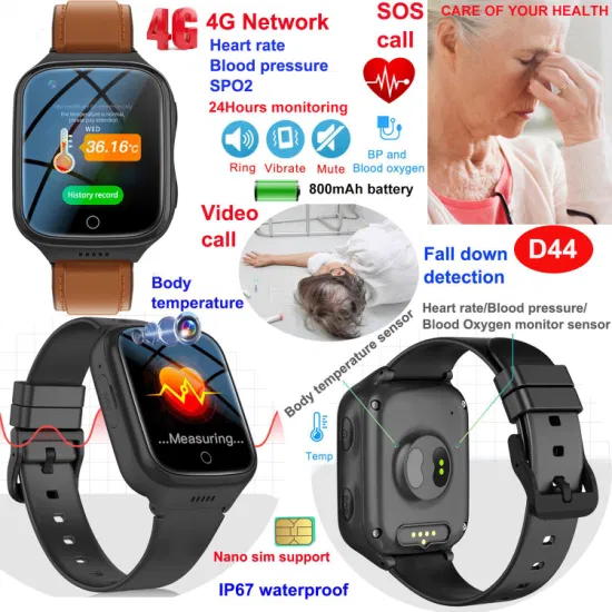 New design 4G IP67 water resistance fall down alert senior health care Personal GPS Watch tracker with video call HR BP Body temperature D44