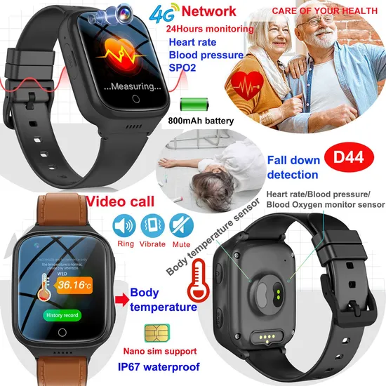 New design LTE IP67 water resistance Security Alzheimer′s patients Smartwatch GPS with fall down alarm and Heart rate blood pressure SPO2 D44