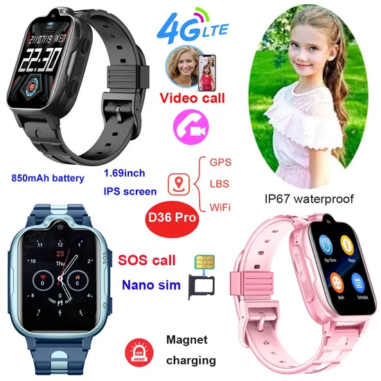 New launched  4G IP67 waterproof Fashion Students Personal Kids GPS Tracker Device with Video Call History Tracking D36 Pro