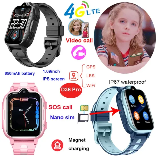 New launched China factory 4G IP67 waterproof Birthday gift Children GPS tracker Watch with history route playback D36 Pro