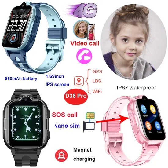 New launched China factory 4G IP67 waterproof smart students GPS watch tracker with two way face talk for emergency call D36 Pro