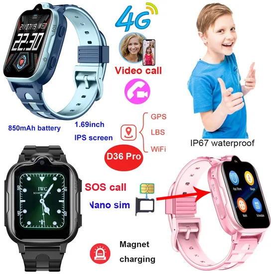 New launched factory supply 4G IP67 waterproof intelligent students GPS watch tracker with safety zone setup for safety monitoring D36 Pro