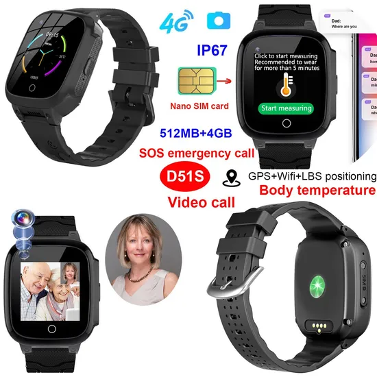 Popular Fitness IP67 Waterproof 4G Video Call Smart Watch Tracking GPS Tracker for Elderly with Body Temperature D51S