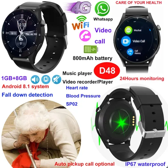 Round screen 4G IP67 Waterproof Fall Down Detection Senior Fitness Elderly Watch GPS Tracker with fall down alert D48