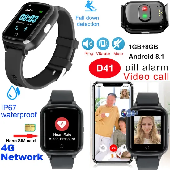 Top China Factory 4G IP67 Waterproof Video Call Heart Rate Blood Pressure safety Senior GPS Tracker Watch with Fall Down Sensitivity Adjustable D41