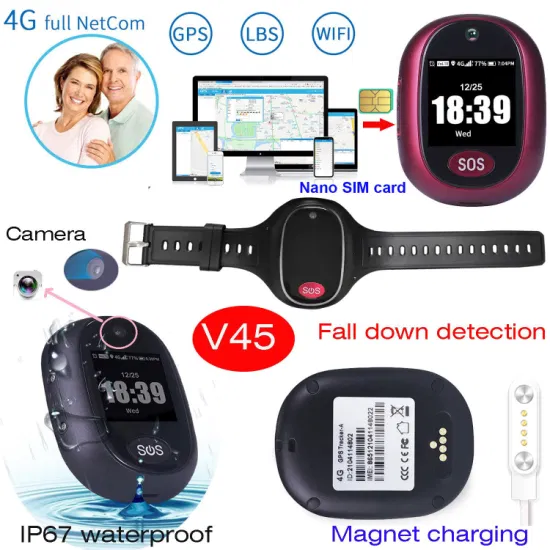 China factory 4G IP67 Waterproof Elderly Personal security Mini GPS Tracker Watch with Fall Down Detection V45