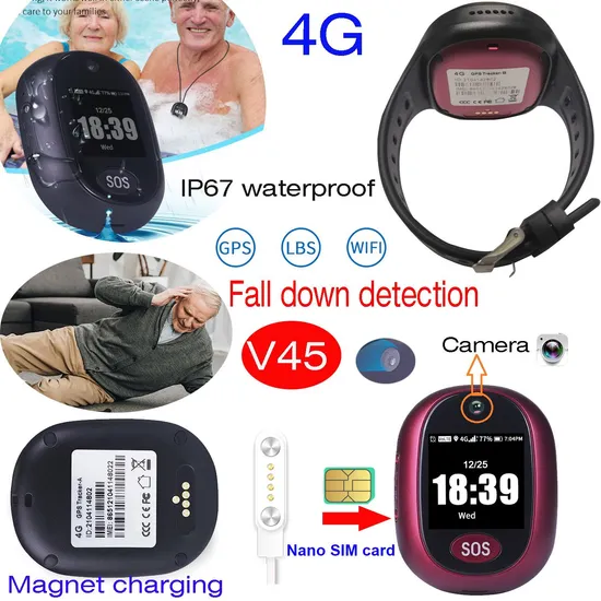 Hot Selling 4G LTE IP67 Waterproof Adults Healthcare SOS System Mini GPS Tracking Tracker with Fall Down Alert V45