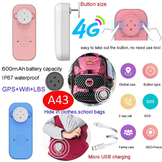 New Developed 4G IP67 Waterproof Tiny Hidden Tracking Tracker GPS with Geo-fence Setup for Kids Safety A43