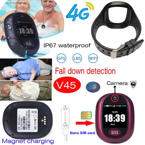 Quality 4G IP67 waterproof Hidden Mini Kids Fall Down Alarm Elder GPS Tracker Smart Watch with SOS Emergency Call V45