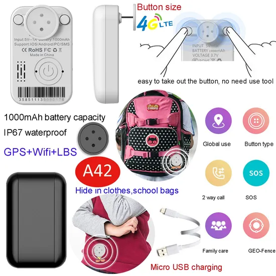 Top 4G IP67 Waterproof Long battery life Real Time Google Map hidden Tracking GPS Tracker with SOS panic button A42